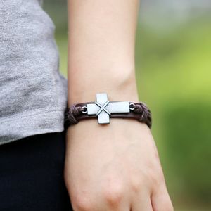 Vintage Silver Christian Cross Leather Bracelets For Women Handamde Punk Leather bracelet Female Bijoux Jewelry Gifts T2