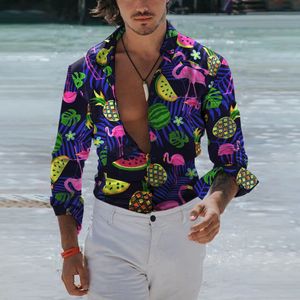 Fantasia solta de moda casual impressão longa manga havaí camisa tamanho 2xl 3xl chemise bluses