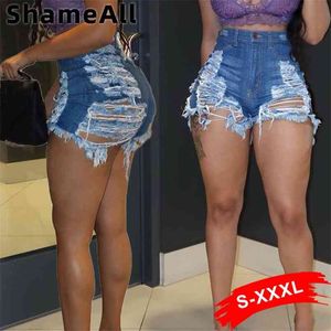 Plus Size Sexy Ripped Denim Jeans Stretch Skinny Shorts 3XL High Waisted Boyfriend Street Torn Jegging Baggy Hole Jean 210708