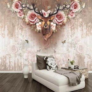Wallpapers Tamanho personalizado Europeu Elk Antlers 3D Papel de parede Home Industrial Decor Mural Flor de madeira Quarto auto-adesivo papel de parede
