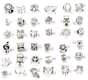 Liga 140styles 925 Prata Big Hole Beads para Pandora Europeia Charme Pulseiras Ilia Biagi Metais Soltos Bead Jóias DIY 140 Pcs / Lot Paw Dog Flocoke Estrela Estrela Coração Mãe Coruja