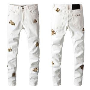 Modische Deigner-Jeans, Cross-Dekoration, Distressed-Motorrad-Biker-Jeans, Rock Skinny Slim, zerrissene Jeanshose mit Stickerei