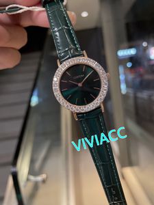 Casual Kadınlar Geometrik Daire Saatler Moda Marka Paslanmaz Çelik Kristal Kuvars Saatler Kadın Yeşil Deri Saat 30mm