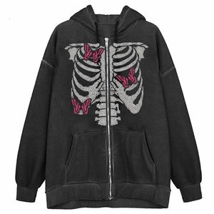 Gothic clothing hip-hop street butterfly skull oversized hoodie women trend loose zipper sweatshirt 220314