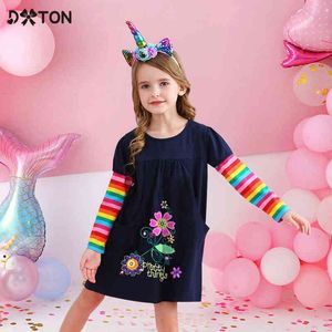 Dxton Girls Dress Butterfly Princess Dress Floral Appliques Girl Clothing Långärmad File Robe Patchwork Kids Dress for Girls G1215