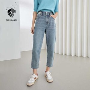 Fansilanen Office Lady 100% Cotton Light Blue High-Waisted Straight-Ben Jeans Kvinnors Sommar Tunna Lösa Beskuren Byxor 210607