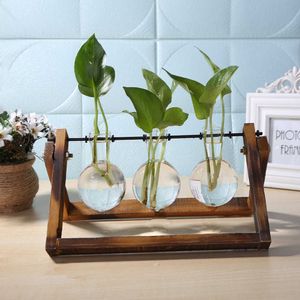 Glass and Wood Vase Planter Terrarium Table Desktop Hydroponics Plant Bonsai Hanging Pots Flower Pot with Wooden Tray Home Decor 210623