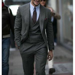 灰色のウールのツイード因果者のための男性の結婚式3ピースの新郎タキシード男ファッション服セットジャケットベストズボン2020 x0909