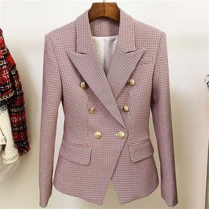 HIGH STREET est Designer-Jacke für Damen, klassisch, mit Metallknöpfen, zweireihig, schmal geschnitten, Hahnentritt-Blazer 211112