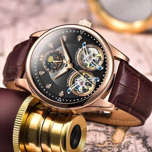 LIGE Men Watches Luxury Leather Double Mechanical Watch Men Fashion Business Automatic Waterproof Watch10013 210527