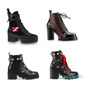 Women Heel Snow Boots Leather ankle boot chunky heel Martin shoes Print Leather Platform Desert Lace-up Boot 5cm 10 colors 9858