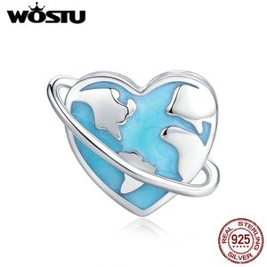 WOSTU 100% 925 Sterling Silver Protect the Earth Charm Blue Enamel Heart Shape Beads fit Charms Bracelets Bangle Jewelry CTC298 Q0531