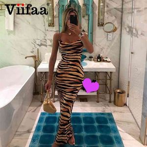 Viifaa Renkli Zebra Cilt Baskı Yaz Seksi Kadın Cami Uzun Elbise Spagetti Kayışı Kolsuz Parti Ince Bodycon Elbiseler 210623