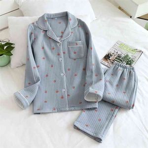 Japanese style autumn and winter long-sleeved trousers, pure cotton air cotton, warm ladies pajamas, home service sleepwear 210830