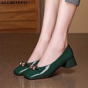 ALLBITEFO Perle Bogen Design echtes echtes Leder High Heels Kitten Heels Mode Freizeit Frauen Pumps High Heel Schuhe Basic Schuhe 210611