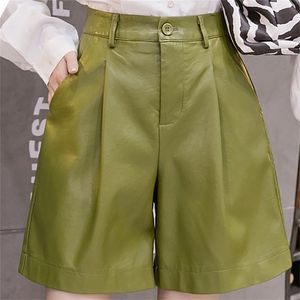 England Style Pu Leather Shorts Female High Quality Wide Leg Faux Waist Plus Size Loose Short Pants Women 210714