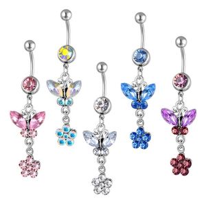 Diamond Inlay Navel Ringar Multicolor Butterfly Flower Puncture Smycken Umbilforma Nail Steel Belly Ring Tillbehör