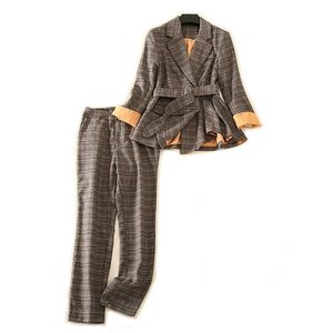 autumn professional office pants suits high quality Casual personality ladies plaid jacket Elegant little feet trousers 210527