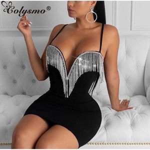 Colysmo Crystal Fringe Party Dress Women Summer Spaghetti Straps Backless Curve Low Cut Sexy Club Bodyocn Black ES 210527