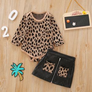 Outono meninas meninas casuais romper toddlers leopard impressão manga longa rodada jumpsuit + bolso zipper pu saia de couro pluton