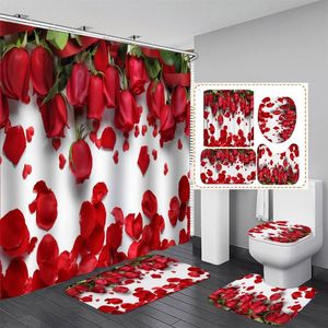 Duschvorhänge 4 Stück Druck Rose Blumen Vorhang Wasserdichtes Polyester Badezimmer Rot Set Badematten Teppiche # T2G