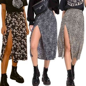 Women Summer Split Leopard Skirts Black Fashion Long Skirt Sexy Woman Floral Loose Lady Clothes Green Flower Fall 210621