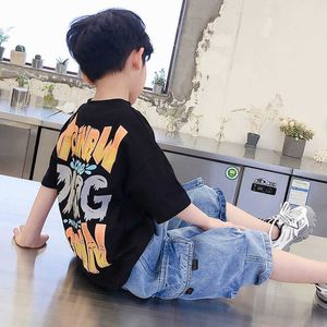 Teenage Boy's Clothing Set 2021 Summer Letter Outfits Kid's Boys Jeans Shorts Tracksuit Sportkläder Sport Suit 4 6 8 9 10 12 ÅR X0802