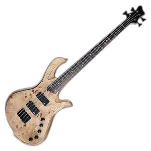 Factory Outlet-4 Struny Natural Elm Electric Bass Gitara z forniru Maple Burl, 24 progi, Rosewood Fretboard