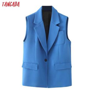 Tangada Kobiety Niebieska Kamizelka Kamizelka Kamizelka Z Przyciskami Panie Biurowe Bez Rękawów Blazer Top DA51 210609