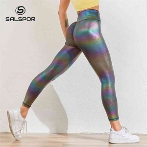 SALSPOR Women Black Shiny Leggings Pearlescent Sexy Slim Fitness Skinny Gym High Waist Push Up Bubble Butt Leggins Feamle 210925