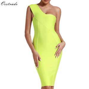 OCSTRADE Celebrity Bandage Dress Przyjazd Letnie Kobiety Neon Green Bodycon One Ramię Wieczór Party 210527