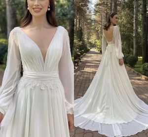 Sexig strand Boho Plus Storlek En linje Bröllopsklänningar Bröllopklänning med Långärmad Baklösa Sweep Train Lace Chiffon Country Garden Custom Made Vestidos de Novia