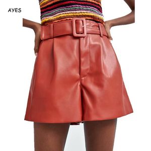 Damen-Shorts, A-Linie, Kunstleder, kurze Hose, Pu, für Damen, hohe Taille, Hose mit Gürtel, Schwarz, Rot, XS, S, M, L