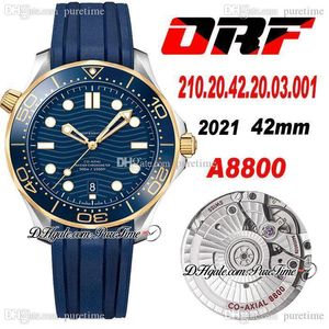 ORF 300M A8800 Automatic Mens Watch Two Tone Yellow Gold Ceramic Bezel Blue Wave Textured Dial Rubber Strap 210.20.42.20.03.001 Super Edition Puretime 02H8
