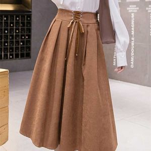 SURMIITRO Thick Autumn Winter Midi Long Skirt Women Korean Style All-Match Mid-Length Lace Up High Waist Skirt Female 211120