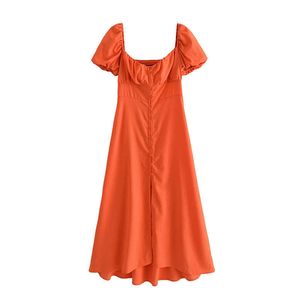タンガダ夏のファッション女性の固体オレンジ色のドレスプリーツパフ半袖レディースカジュアルミディドレスvestidos 3h671-1 210609