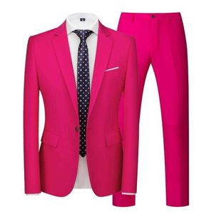 Moda Mens 2 Peça Ternos Rosa para Promas De Casamento Groomsmen Slim Fit Business Pant Ternos Sólidos Cor Smoking Suit X0909