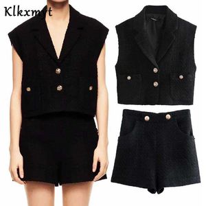 KLKXMYT Dwa kawałki Zestawy Kobiety Moda Metalowe Jedno Breasted Tweed Krótkie Blazers Kamizelki i Casual Shorts 210527