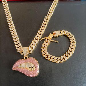 Earrings & Necklace Hip Hop 1 Set 15mm Heavy Miami Iced Out Paved Crystal Cuban Chain Cz Bling Raper Pink Drip Lip Pendant Bracelet Jewelry