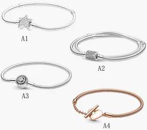 Authentic Sterling Sier Bead Fit Charm Bracelets Star Double Circle Snake Bone Rose Gold Safety Chain Pendant DIY Beads
