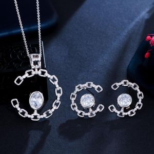 Orecchini Collana CWWZircons Shiny White CZ Crystal Half Round Moon E Cuban Chain Link Shape Ladies Fashion Jewelry Sets T575