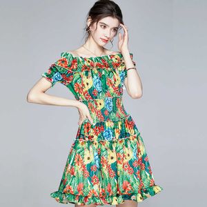 Eleganckie kobiety Floral Print Mini Dress Summer Off Shash Slash Neck Party Retro Sexy Backless Slim Sundress Vestidos 210529