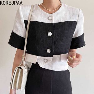 Korejpaa Women Jackets Summer Korean Chic Ladies Retro Temperament Round Neck Contrast Stitching Loose Short-Sleeved Coat 210526