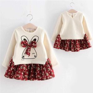 New Girl Baby Clothing Casual dress Autumn/Winter Kids Long Sleeve Sweater Cute Rabbit Flower Bow And Velvet Splicing Dress Q0716