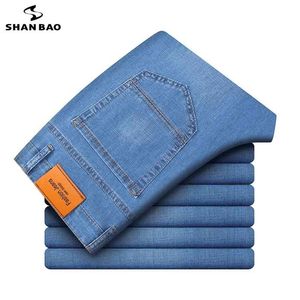 Shan Bao Straight Loose Lightweight Stretch Jeans sommar klassisk stil Business Casual Young Men's Thin Denim 210716