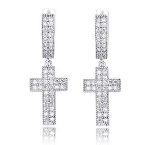 Hoop Huggie Pair Micro Paled Cubic Zirconia Bling Iced Out Cross Pendant Earrings for Women Men Hip Hop Rapper Jewelry Gifts Gold