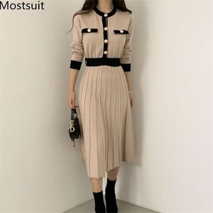 한국어 우아한 니트 롱 드레스 여성 컬러 블로킹 단일 브레스트 긴 소매 O 넥 A 라인 Pleated Dresses Vestidos 210303