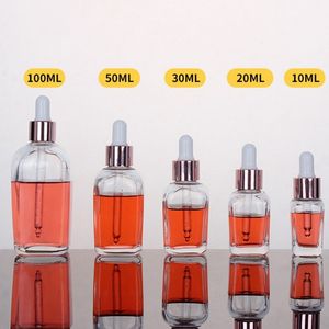 10 bis 100 ml quadratische Flasche, Roségoldfarbene Kappe, Tropfflasche, Eliquid-Flaschen, Make-up-Glas, Tropfflasche, kosmetisches Aufbewahrungswerkzeug, klares Glas, neu, 1 15yx5 G2