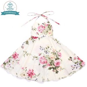 Flofallzique Flower Girl Dress Vintage Rose Stampa floreale Summer Princess Wedding Party Abbigliamento per bambini Taglia 1-8Y 210303