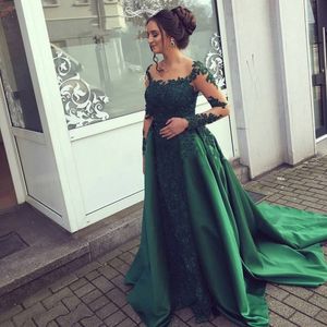 2021 Elegant Emerald Green Formal Evening Dresses Lace Long Sleeves Detachable Skirt Prom Party Gowns Women Formal Wear Vestidos De Fiesta